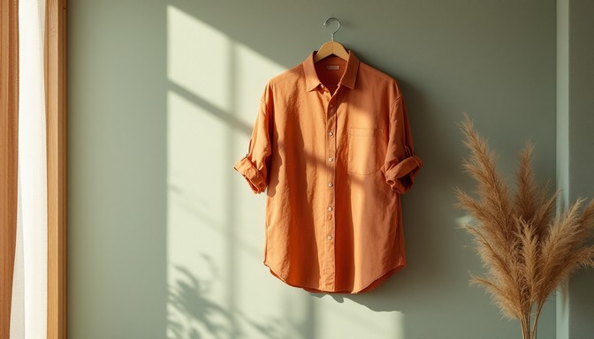 Camisa de linho terracota pendurada num cabide, luz de janela